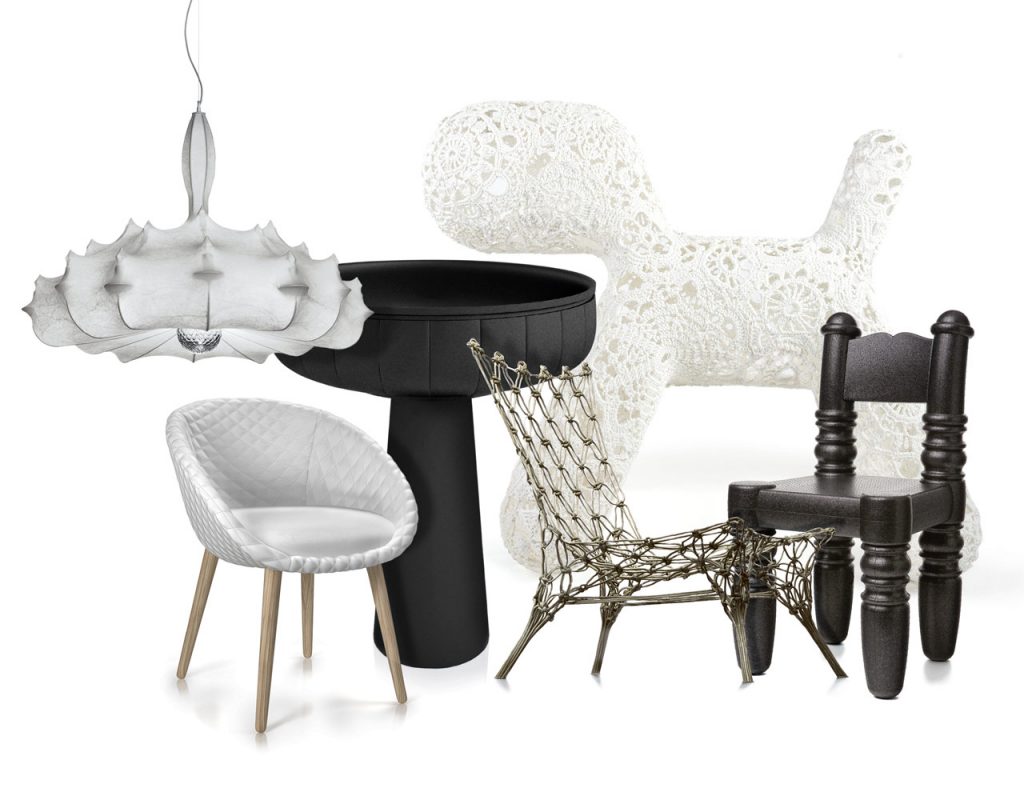 — Zeppelin lampada, Flos 2005 / Love sedia, Moooi 2013 / Container Bowl, Moooi 2006 / Knotted Chair, Droog 1996 / Crochet Collection, Moooi 2015 / Parent Chair, Moooi 2009